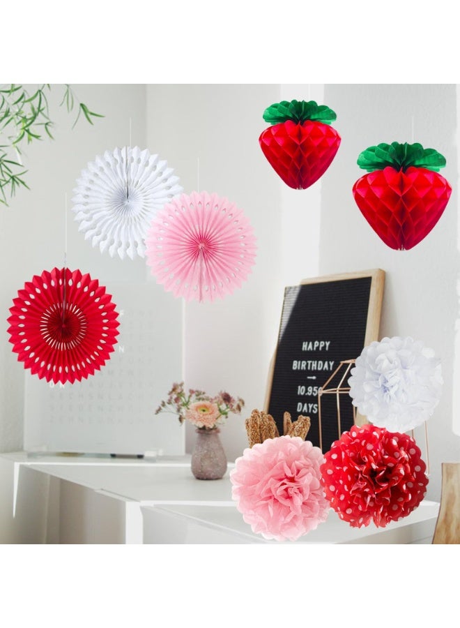 Mordely Strawberry Party Decorations Red Pink White Tissue Pom Poms Fans Honeycom Balls Lanterns Garland Classroom Berry Sweet Fruits 1st One Birthday Bridal Baby Shower Décor Supplies Girls - Image 4